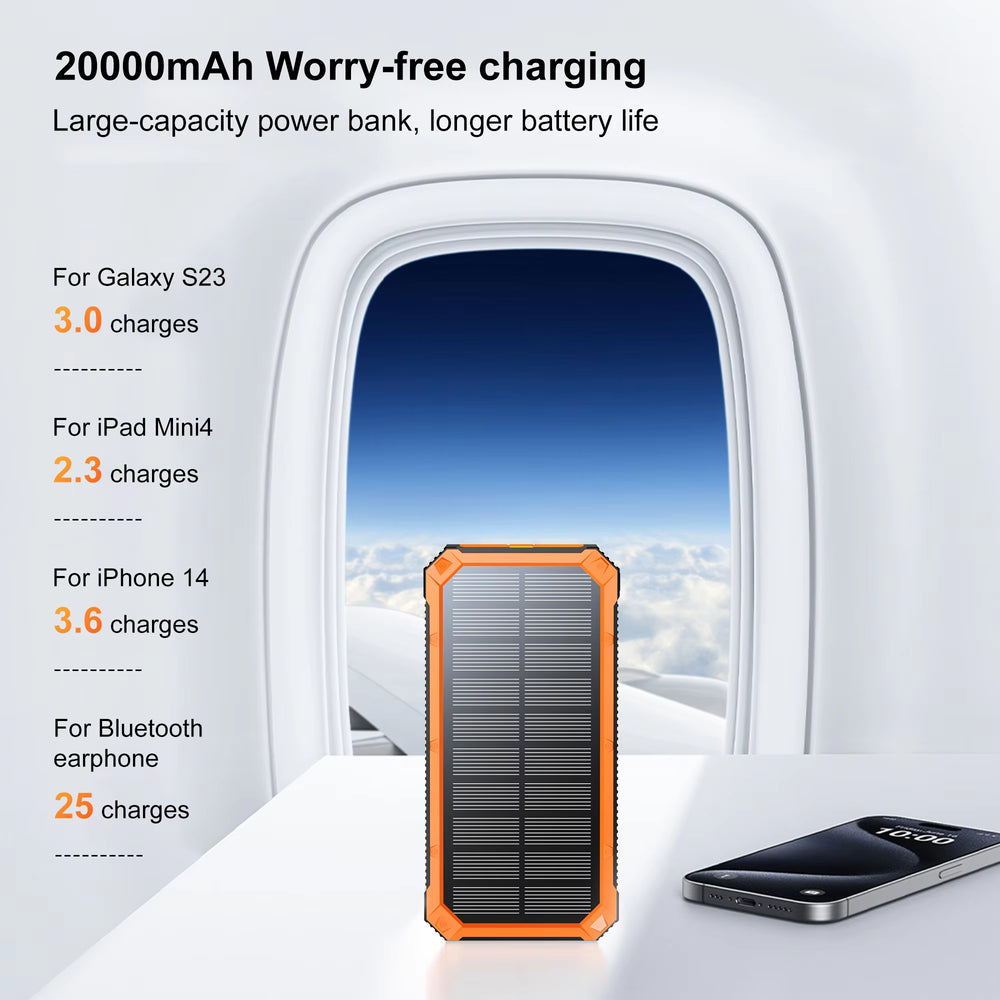 20000mAh Solar Power Bank with Wireless Charging, Four Outputs, and Integrated Flashlight for Outdoor Emergencies