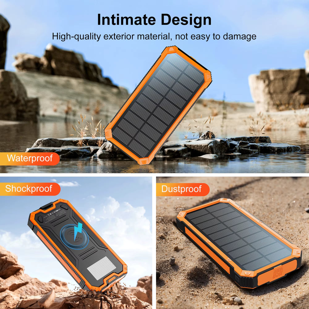 20000mAh Solar Power Bank with Wireless Charging, Four Outputs, and Integrated Flashlight for Outdoor Emergencies