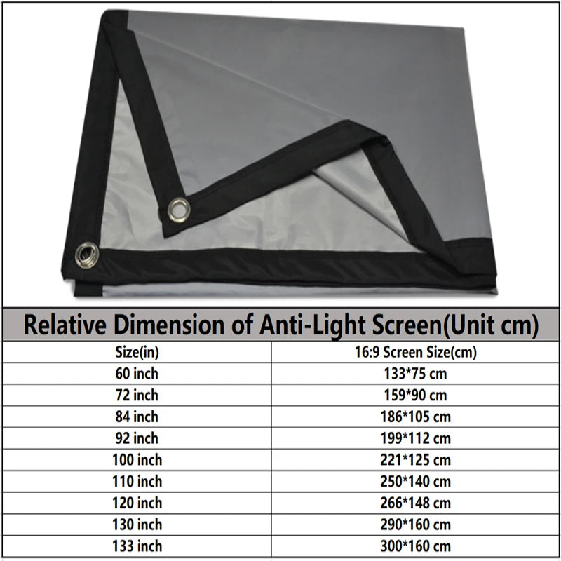 Projector Screen 60-133 Inch Metal Grey Anti-Light 16:9 Portable Black Border with Holes 