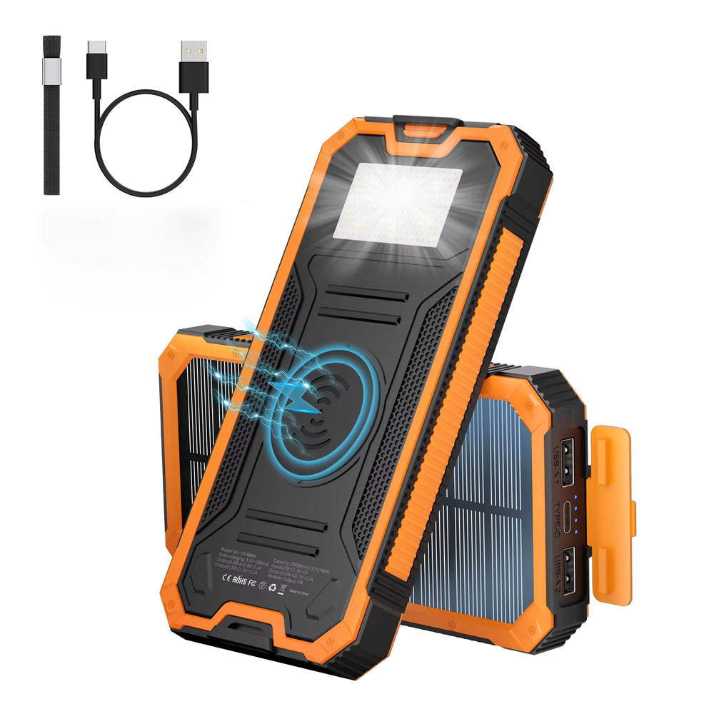 20000mAh Solar Power Bank with Wireless Charging, Four Outputs, and Integrated Flashlight for Outdoor Emergencies